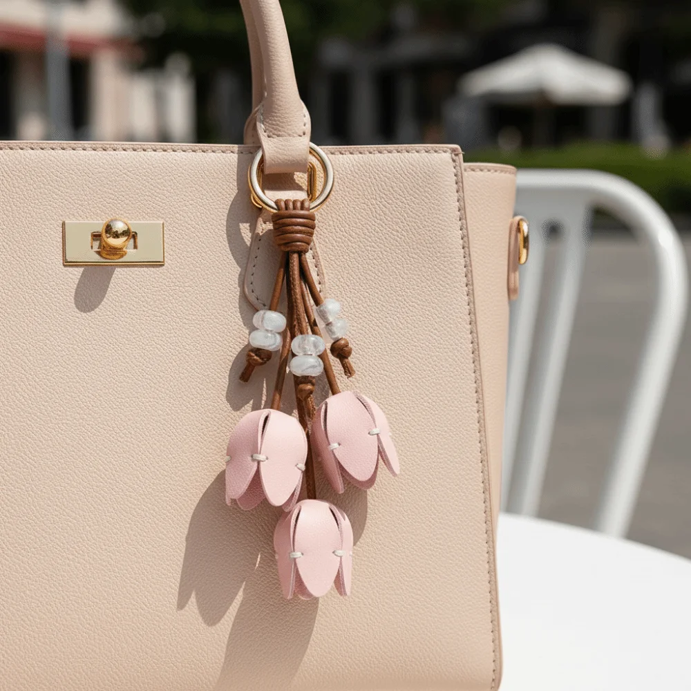 

Trendy Hanger Flower Pu Leather Pendant Car Keyring Handmade Leather Keychain Creative Cartoon Bag Pendant Car Accessory