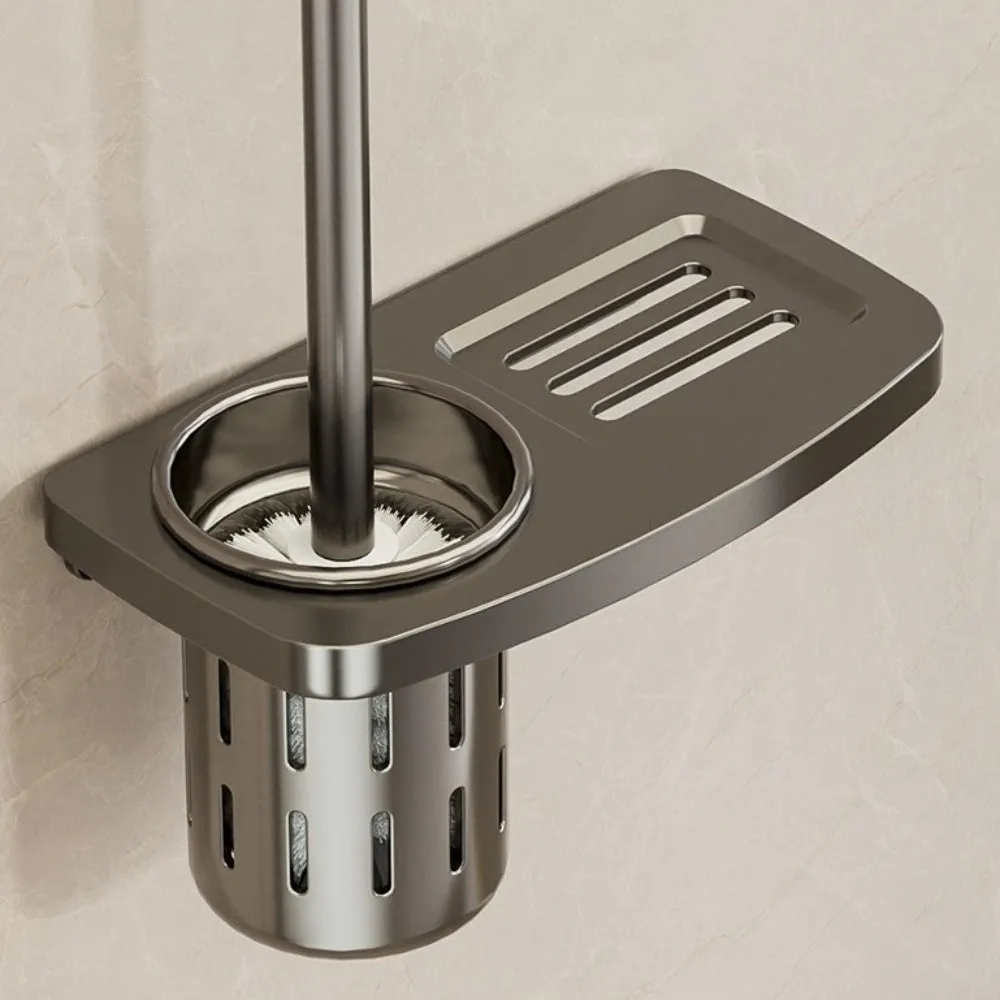 

Space Aluminum Toilet Brush Holder Set Anti-Drain Rustproof Wall Mounted Toilet Brush No Punching Toilet Cleaning Tool