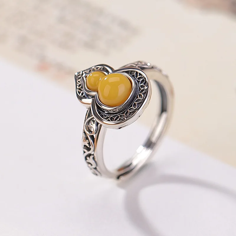 

S925 Sterling Amber Scroll Grass Pattern Fortune Gourd Elegant Silver Finger Ring