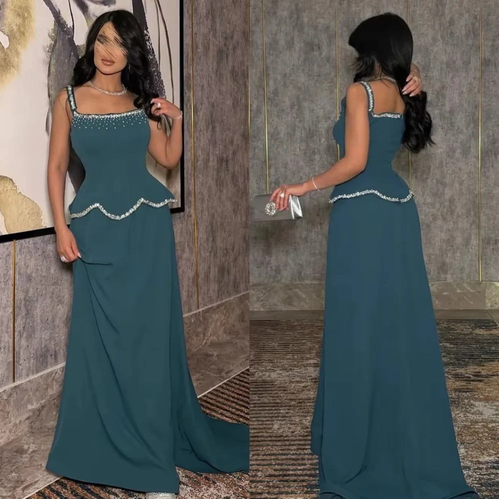 

Customized Exquisite Beading Women Prom Dress Charming A-line Spaghetti Strap Party Dress Women Square Neck Ruffle Evening Gown