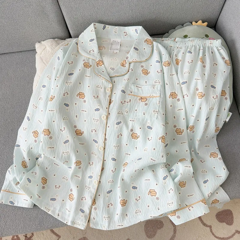 Spring and Autumn New Women's Pajamas Loungewear Set Pajamas Crinkled Fabric Leisure Loose Loungewear Long Sleeve Pants Set