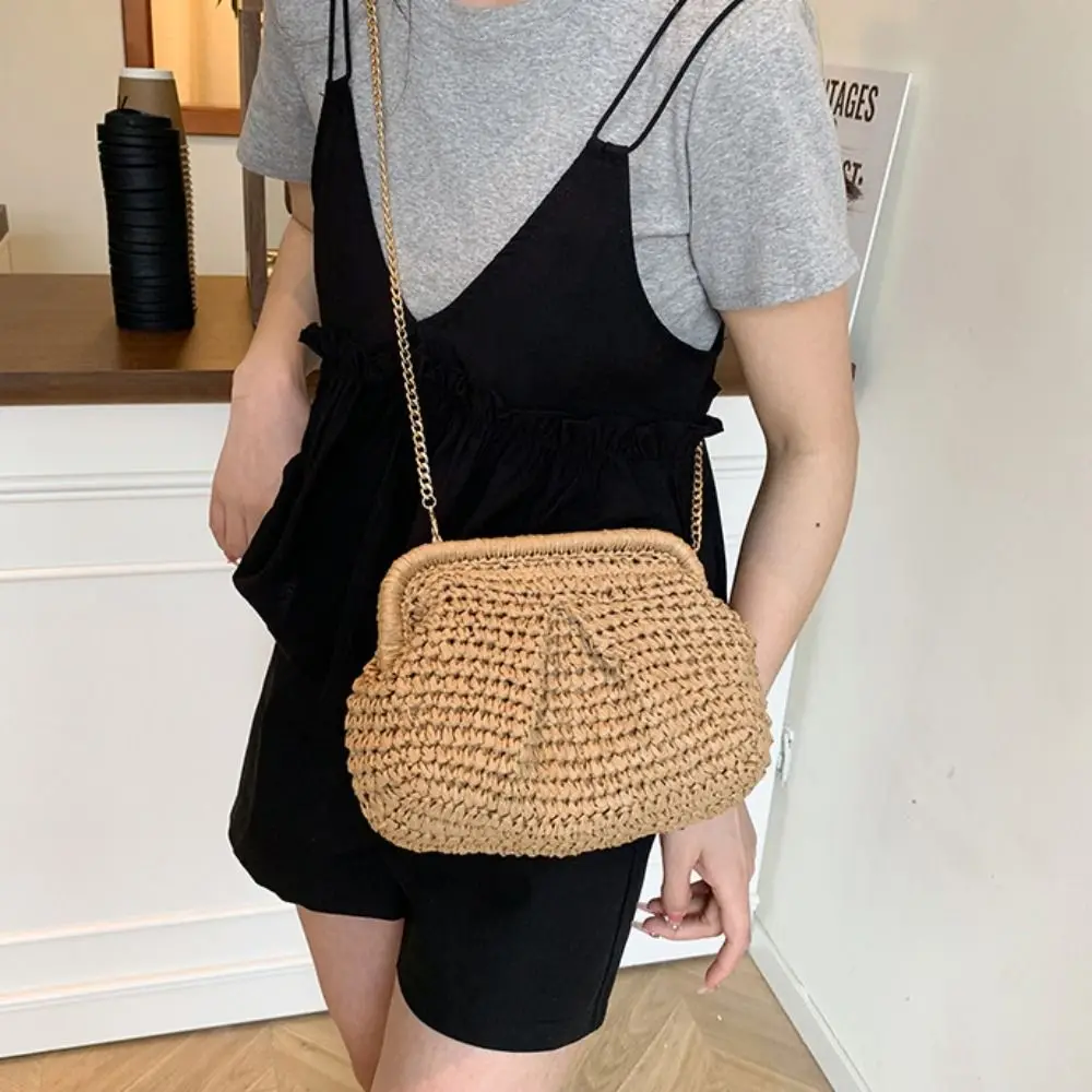 Bohemian Shell-shaped Weave Bag Hollowed Out Chain Strap Chain Crossbody Bag Handbag Large Capacity Straw Shoulder Bag Picnic