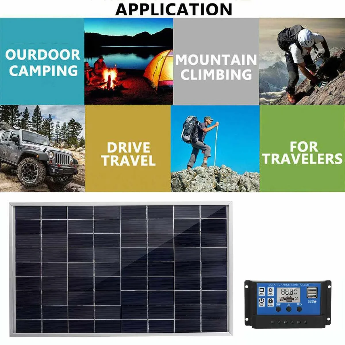 12V Motorhome Solar Panel Mono Crystalline Charger With Solar Charge Controller + Clip For Home Camping Outdoor Lighting