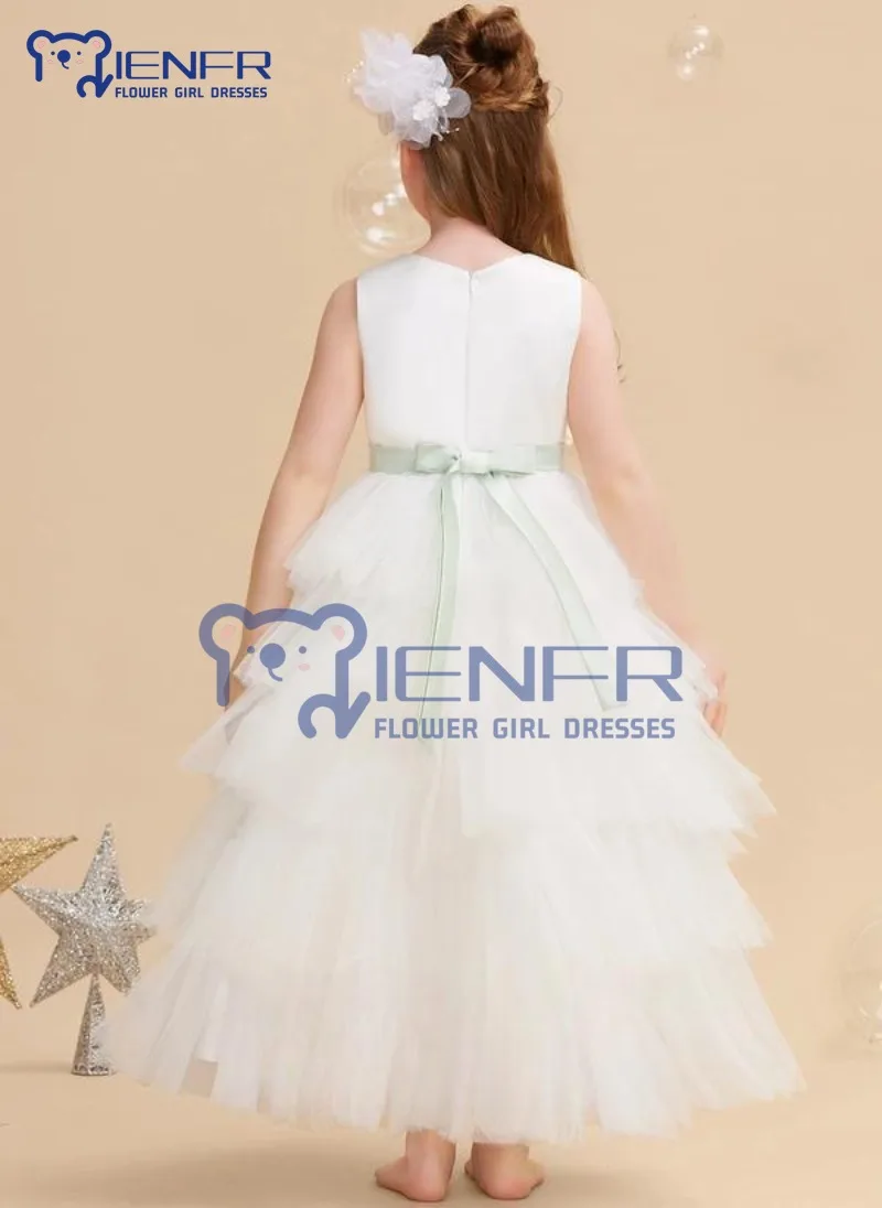 Personalizado branco frisado Tutu para meninas, cinto assimétrico, vestidos de dama de honra, festa de aniversário, comunhão, casamento Flower Girl, Kids, 2023