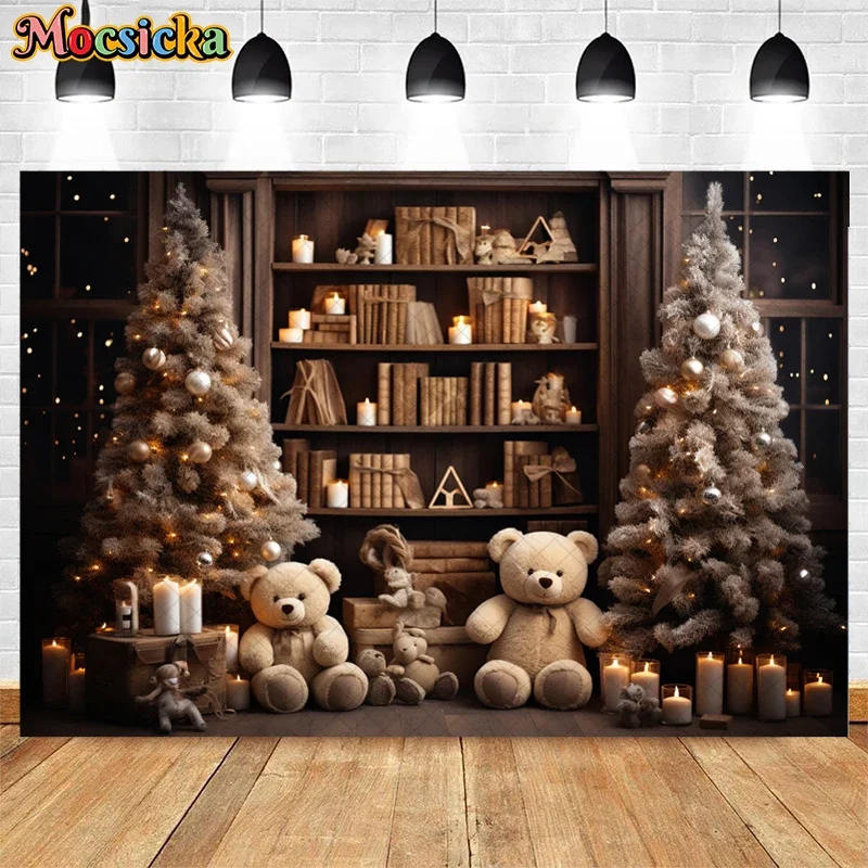 Mocsicka fondo de fotografía para fiesta de Navidad, telón de fondo para habitación, ventana, regalo, oso, árbol de Navidad, retrato familiar para niños, estudio fotográfico