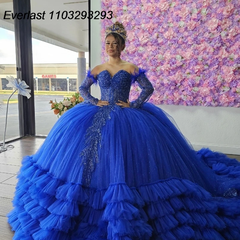 EVLAST Royal Blue Quinceanera Dress Ball Gown Applique Bead Long Sleeve Tiered Charro Mexican Sweet 16 Vestido De 15 Anos TQD316