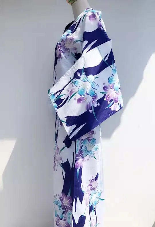 Women Cotton Yukata Kimono with Cat & Lily Pattern - Unique Japanese Summer Robe