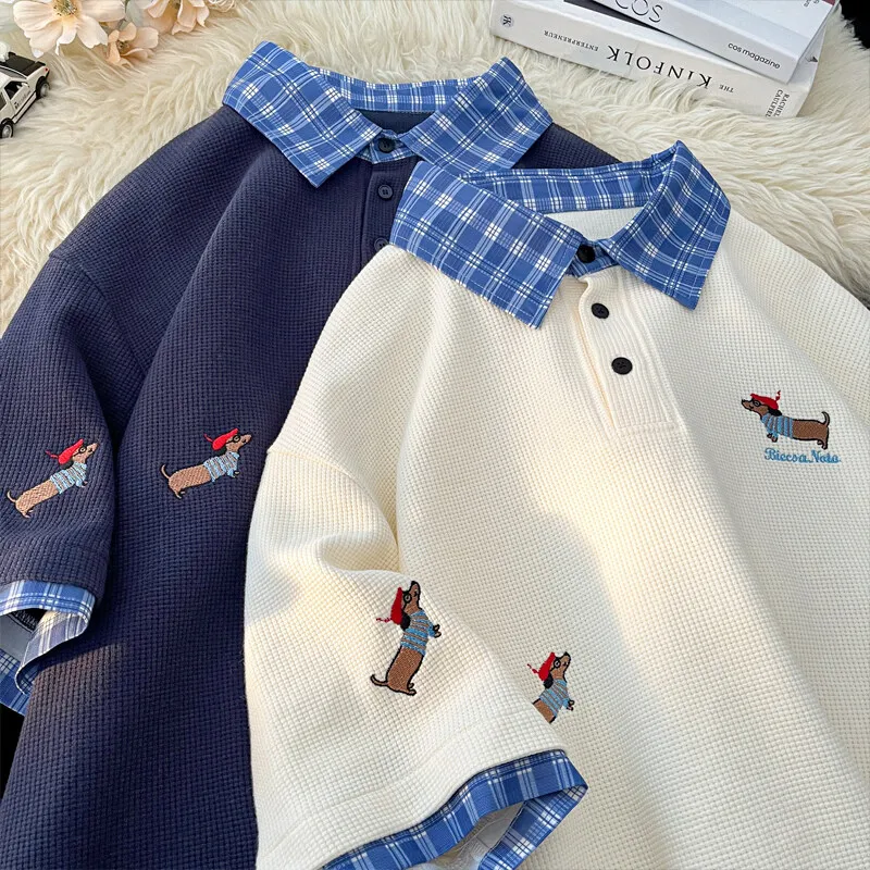 Korean Dog Embroidery Plaid Polo Short Sleeve T-Shirt 2025 Summer Retro Couple T-shirts Splicing Fake Two Pieces Simple Tops image 4