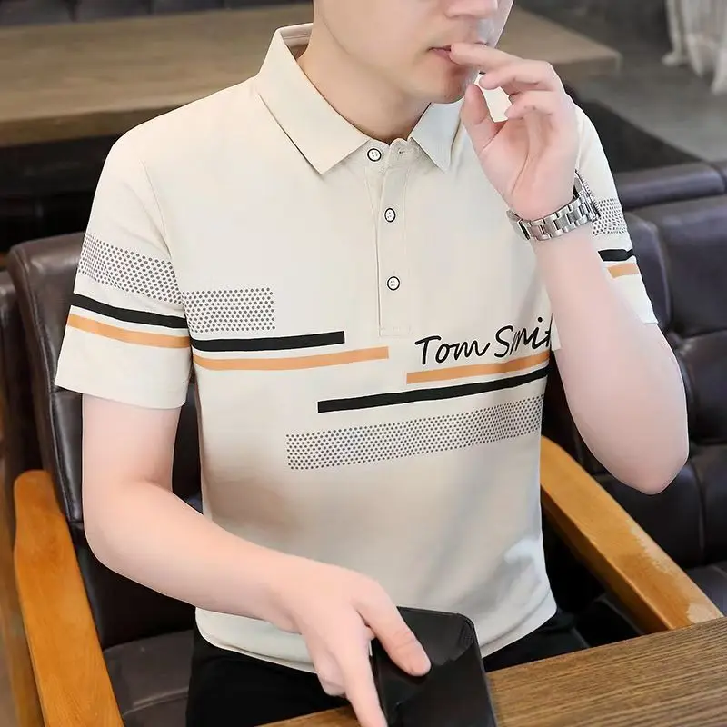 

Summer Men's Lapel Short Sleeve Printed T-shirt Business Casual Slim Fit Cotton Polo Shirt Fashion Half Sleeve Bottoming Shirt