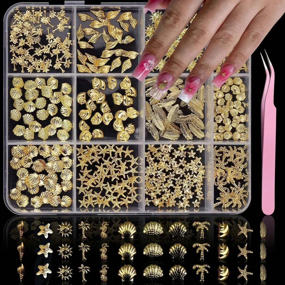 12Grids Metallic Golden Ocean Starfish/Shell/Palm Leaf/Nail Art Rivet Mixed Alloy Golen Shell&Starfish&Conch Nail Art Ocean Stud
