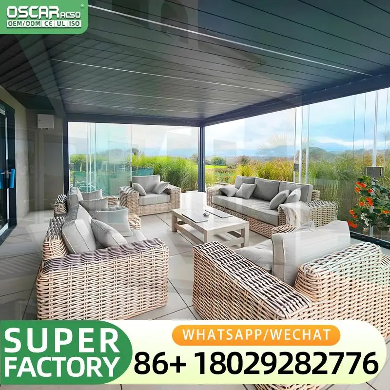 Weatherproof Aluminum Motorized Pergola Louver Roof Sunroom Glass Enclosure Patio Garden Backyard EU Villa Smart Retractable Can