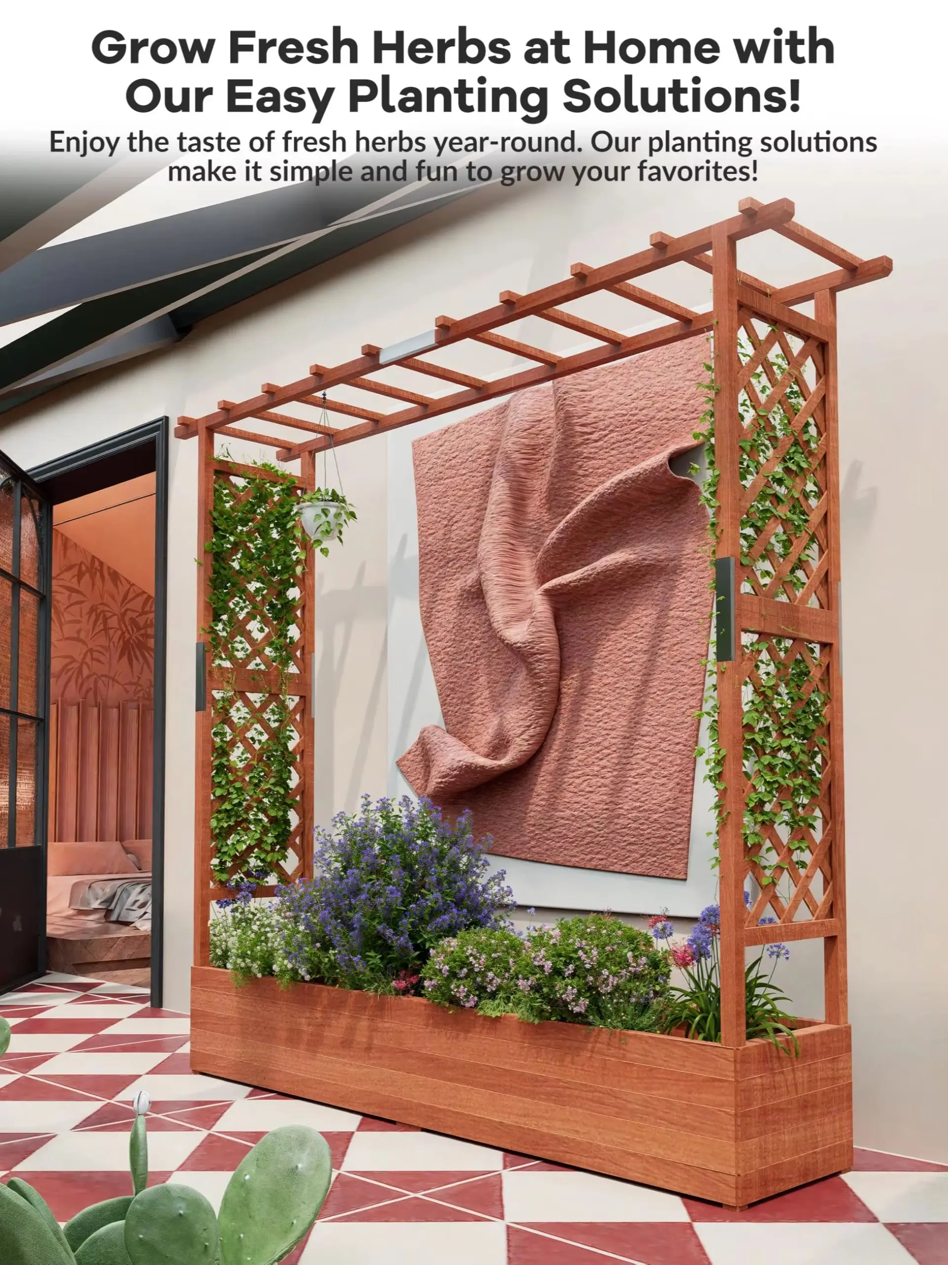 Erhöhtes Holz-Hochbeet mit Rankgitter & Überdachung – Freistehender Pflanzkasten mit Seitenstützen & Drainagelöchern – Perfekt für Kletterpflanzen, Ranken, Blumen, Kräuter – Robuster Vertikaler