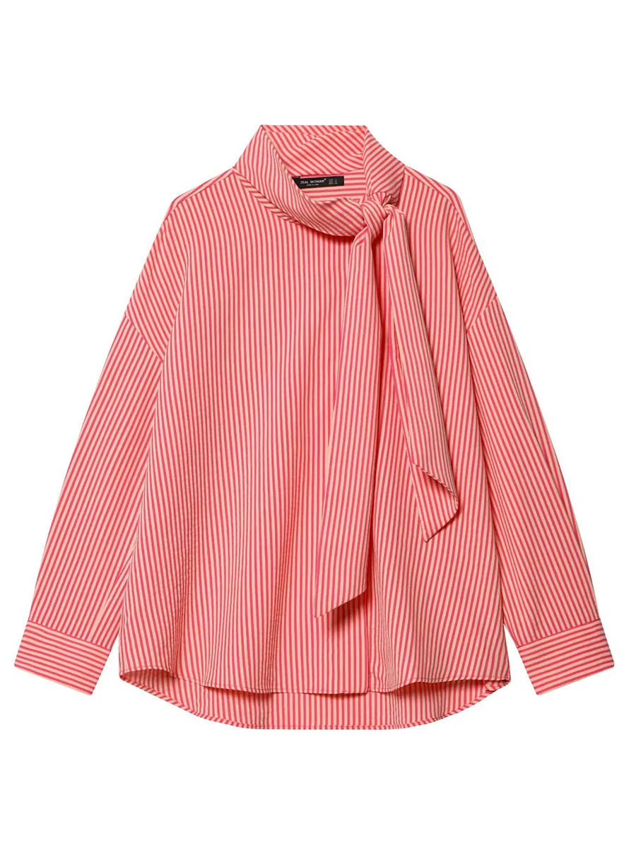 For Office Work Women Striped Blouse Fashion Autumn Shirt Stretchable Material Polyester Fabric Regular Length For Daily Wear