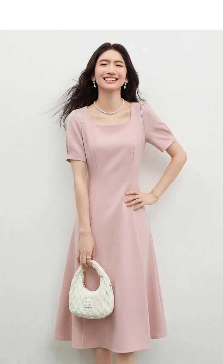 SENTUBILA Damen Einfaches A-Linien-Kleid 2026 Sommer Büro Elegantes Kleid mit Quadratischem Ausschnitt und Perlenketten-Detail Kurzarm Q62LI6575X – Detail 12