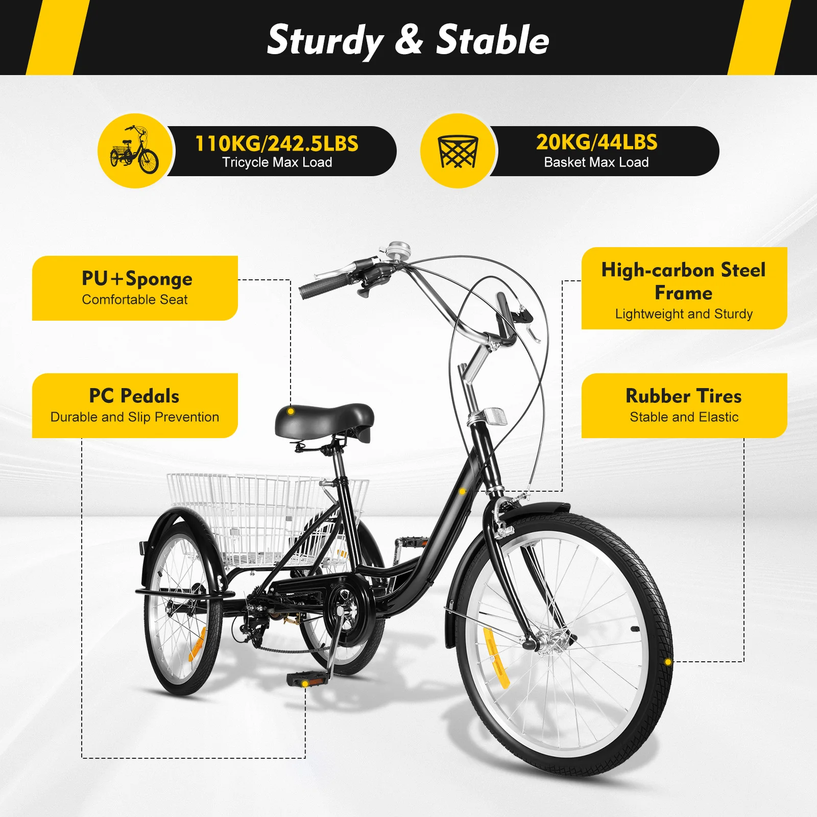 20 Inch 8-Speed Transmission Adult Tricycle Bike with Large Basket Adjustable Height  High-carbon Steel Home Garage Accessories