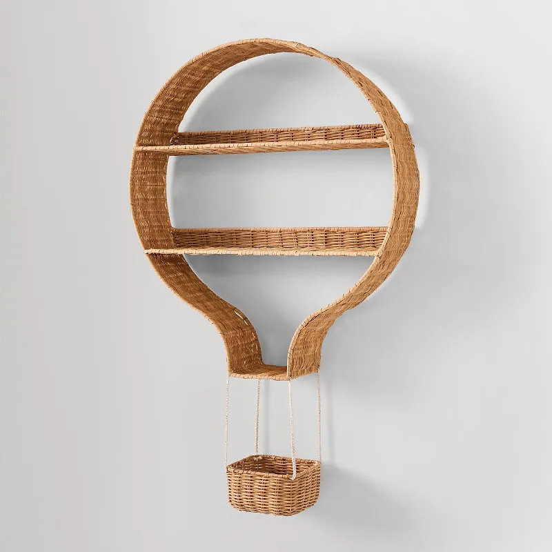 Nordic Rattan Wall Mounted Storage Shelf Hot Air Balloon Decor Organizer Wicker Hanging Basket for Living Room Space Saving Rack