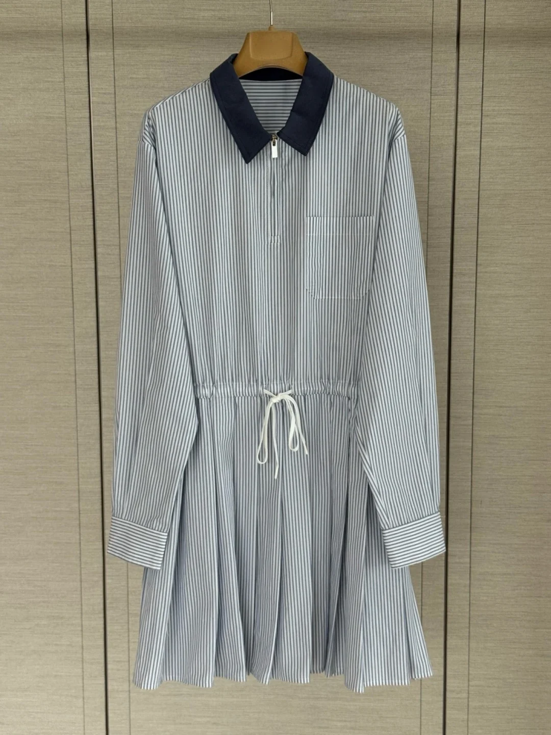 Blue White Stripe Shirt Dress Navy Pointed Collar Half Zip Drawstring Waist Pleated Hem Women Casual Outwear