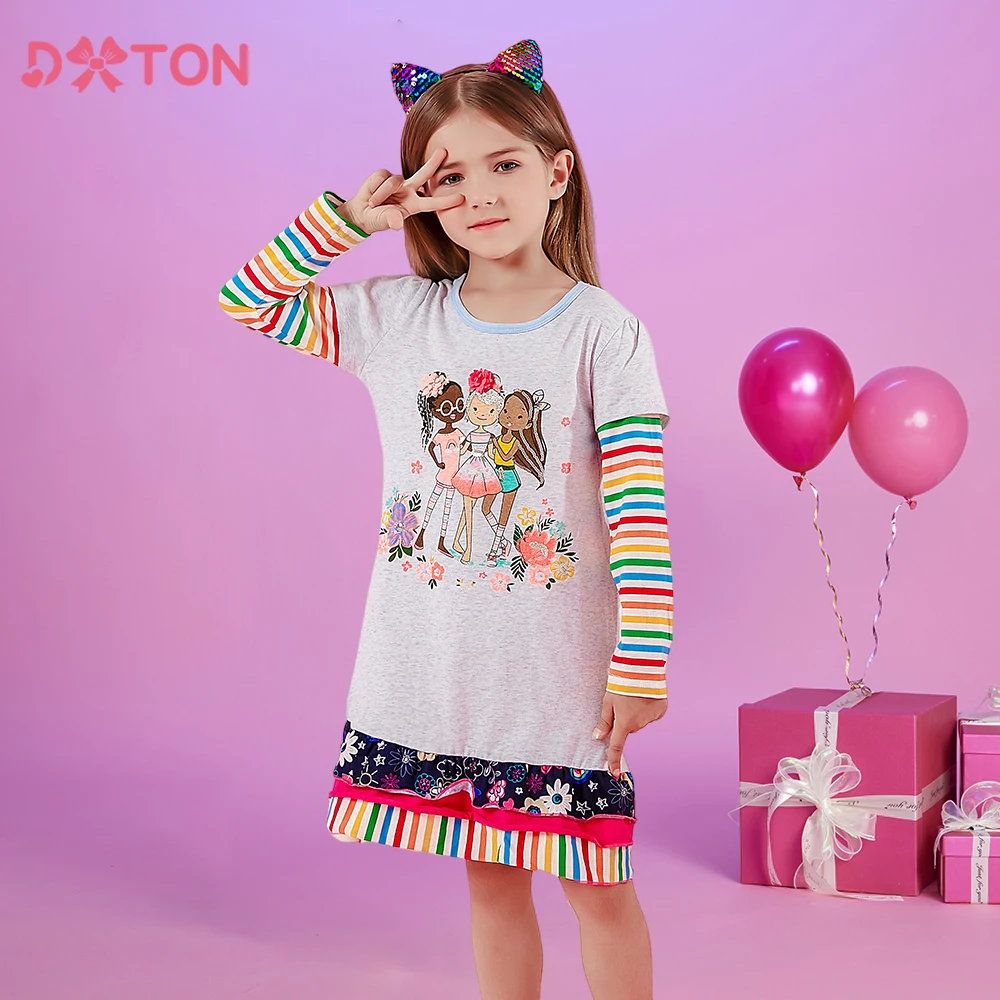 DXTON wiosenna sukienka dla dziewczynek w paski tęczowy rękaw sukienka dziecięca Patchwork codzienne aktywne ubrania dla dzieci kwiatowy maluch sukienka na co dzień
