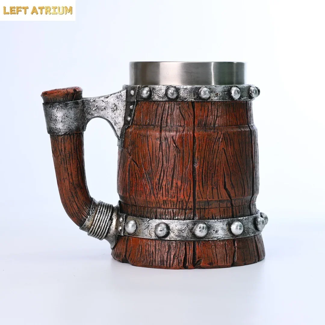 2026 New Vintage Wooden Barrel Viking Beer Mug Stainless Steel Liner Creative Tankard for Home Bar Coffee Gift Coffee Mug