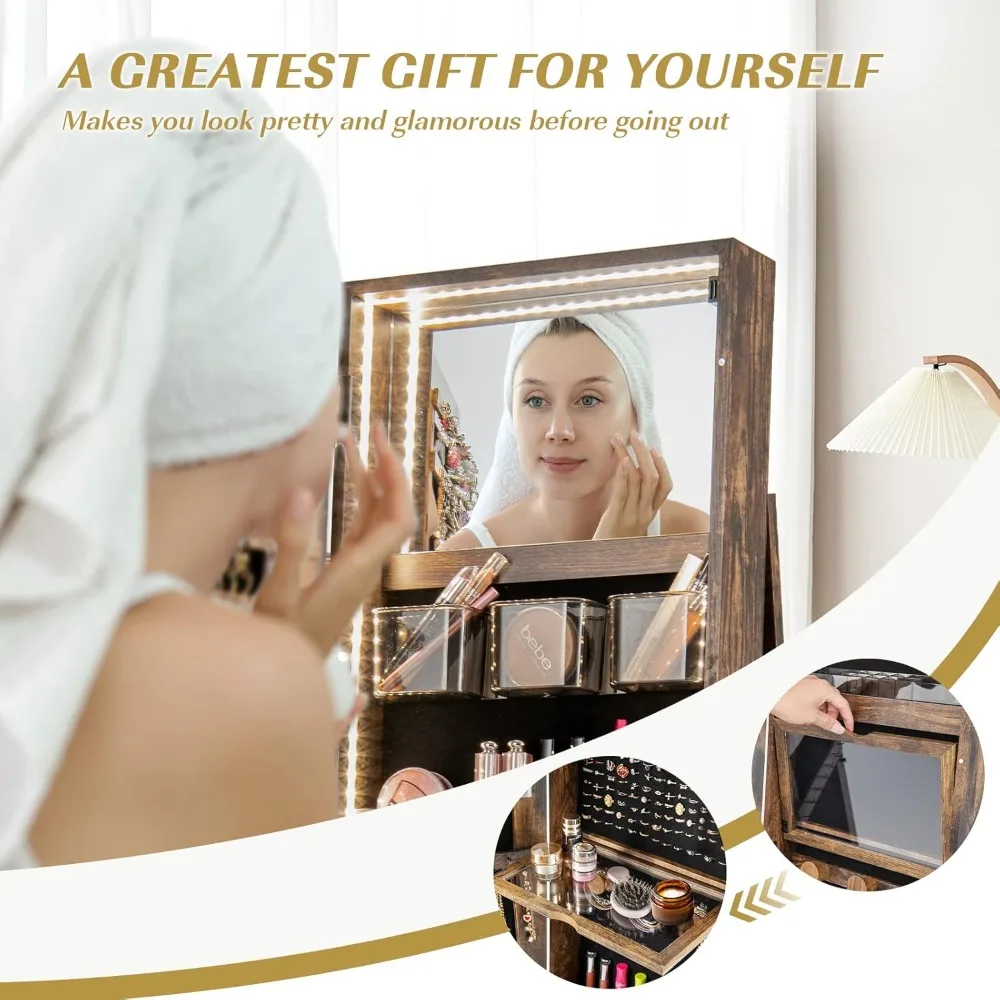 "360 Degree Rotatable Lockable Jewelry Cabinet with Full-Length Mirror and 3-Color LED Lights, Rear Storage"