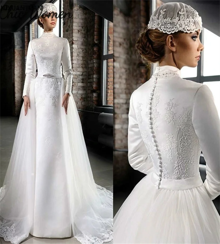 Modern Muslimah Islamic Wedding Dress 2024 High Neck Long Sleeve Pagan Arabic Bridal Gowns With Overskir Train Lace Church Bride