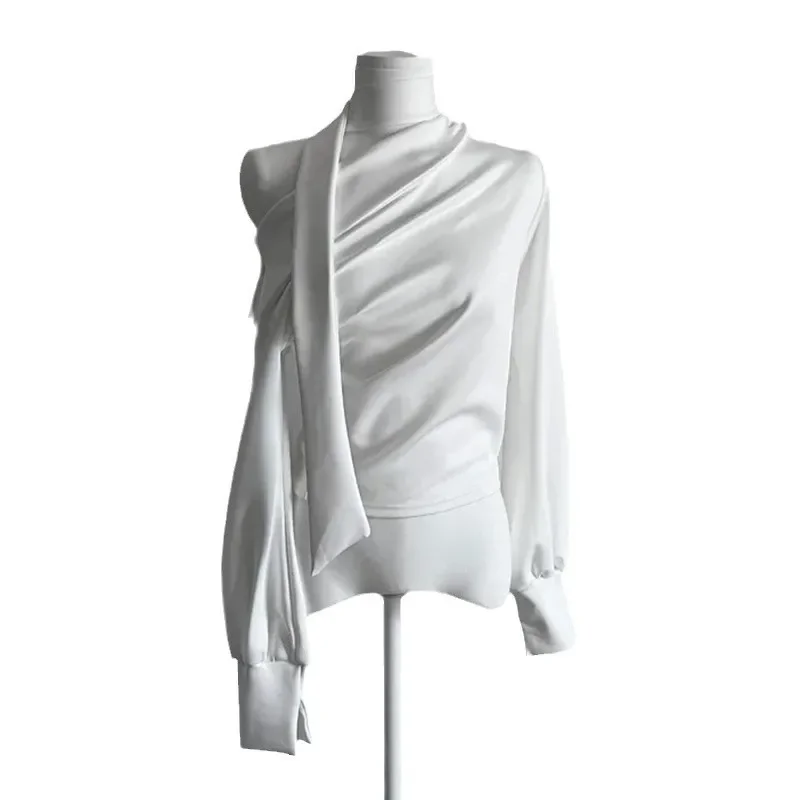 Dongdaemun الراقية يشعر أنيقة ركاب وشاح التلبيب غير المتماثلة مثير خارج على الكتف التخسيس قميص للنساء #5