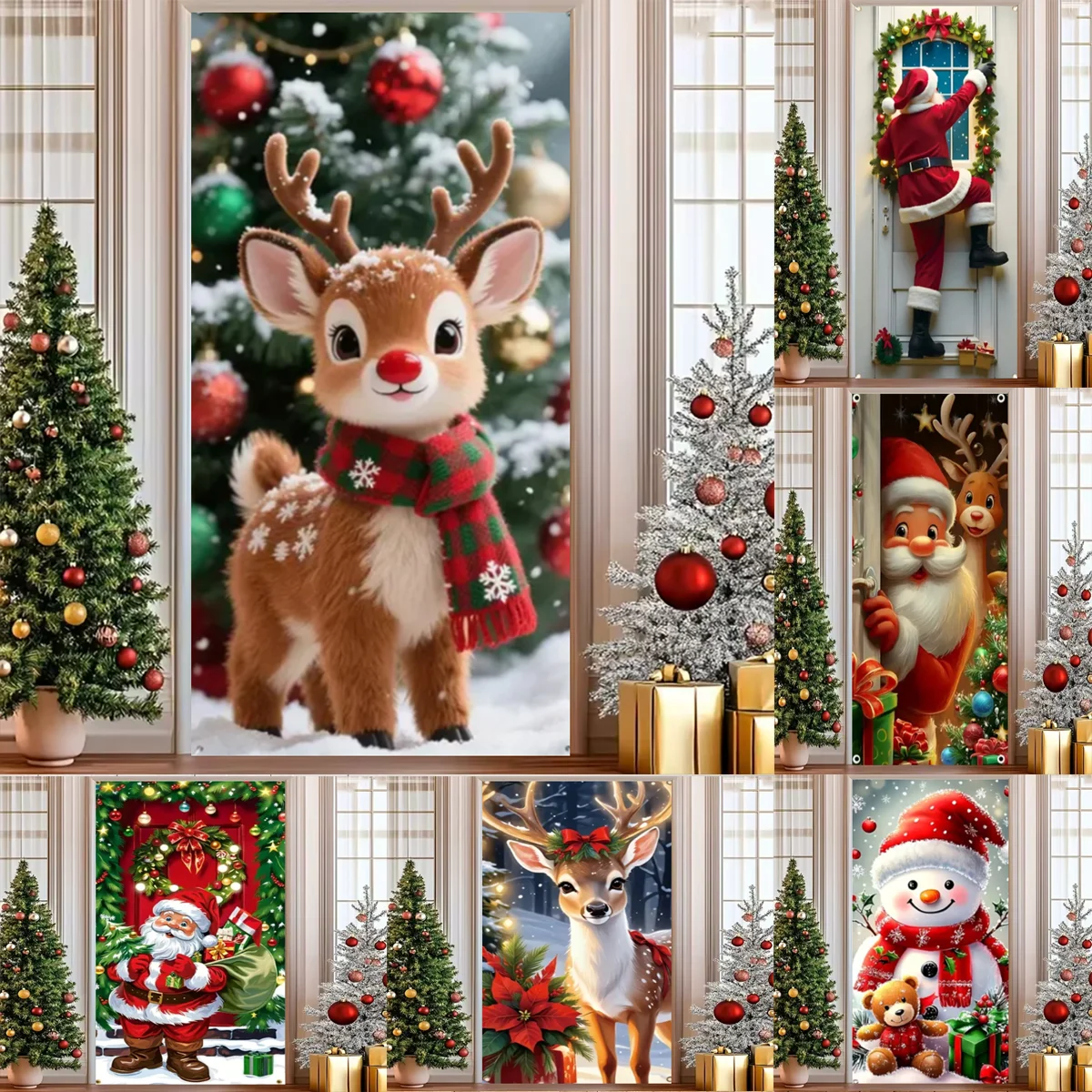 

Merry Christmas Party Decoration Door Cover Santa Snowman Background Cute Reindeer Xmas Tree Backdrop Supplies Photography Prop