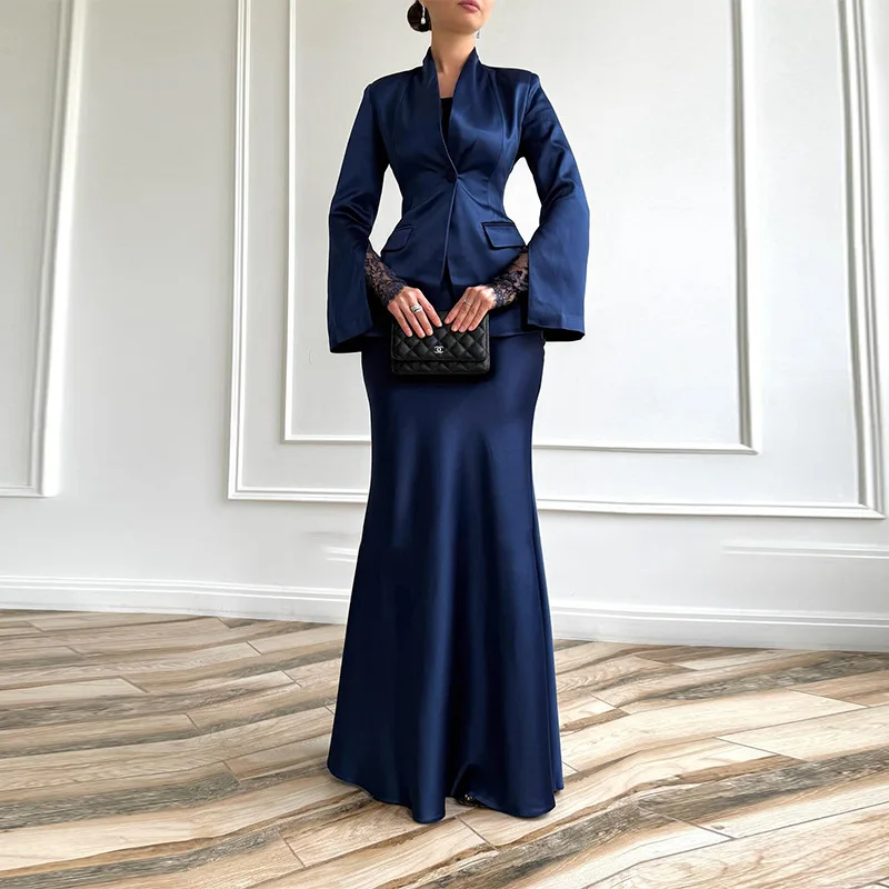 

French elegant temperament slim fit women's long sleeved slit skirt set for autumn and winter 2025 new women's clothing