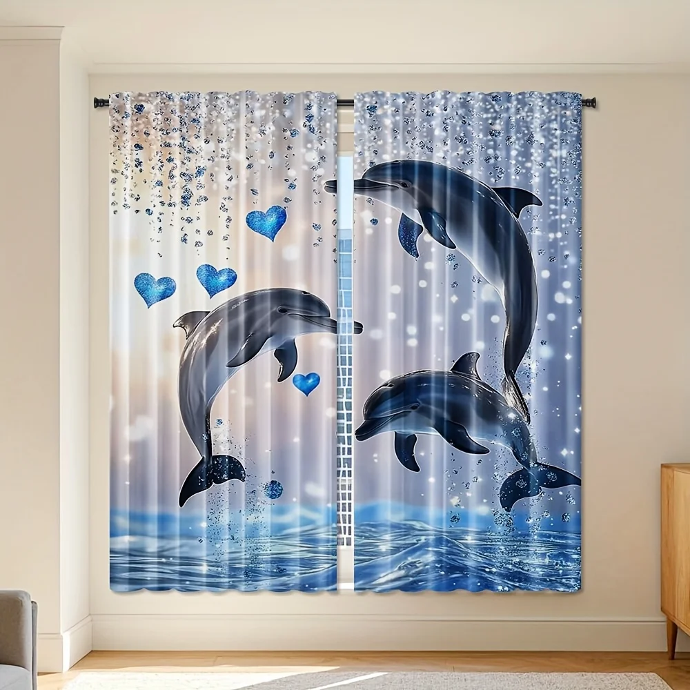 Three Jumping Dolphin Rod Pocket Curtain Blue Glitter Hearts Water Drop Sea Gradient Print Window Drapes Girl Bedroom Home Decor