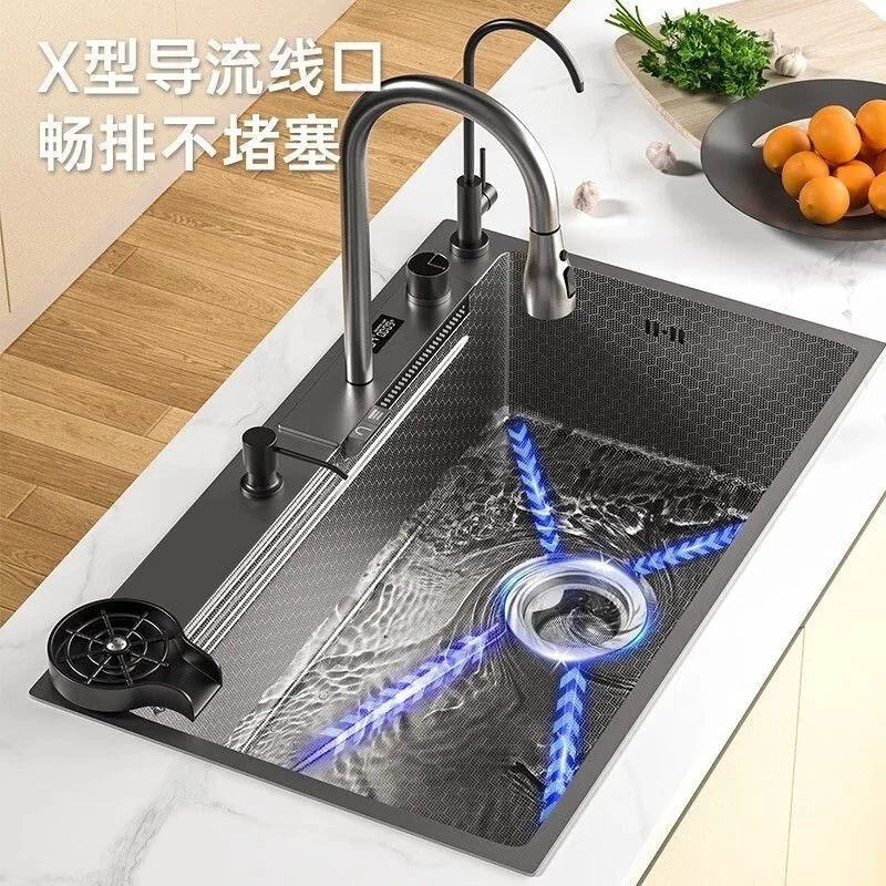 YFY Thickened Honeycomb Embossed Stainless Steel Large Single Slot Waterfall Knife Holder Digital Kitchen Sink Vegetable Basin
