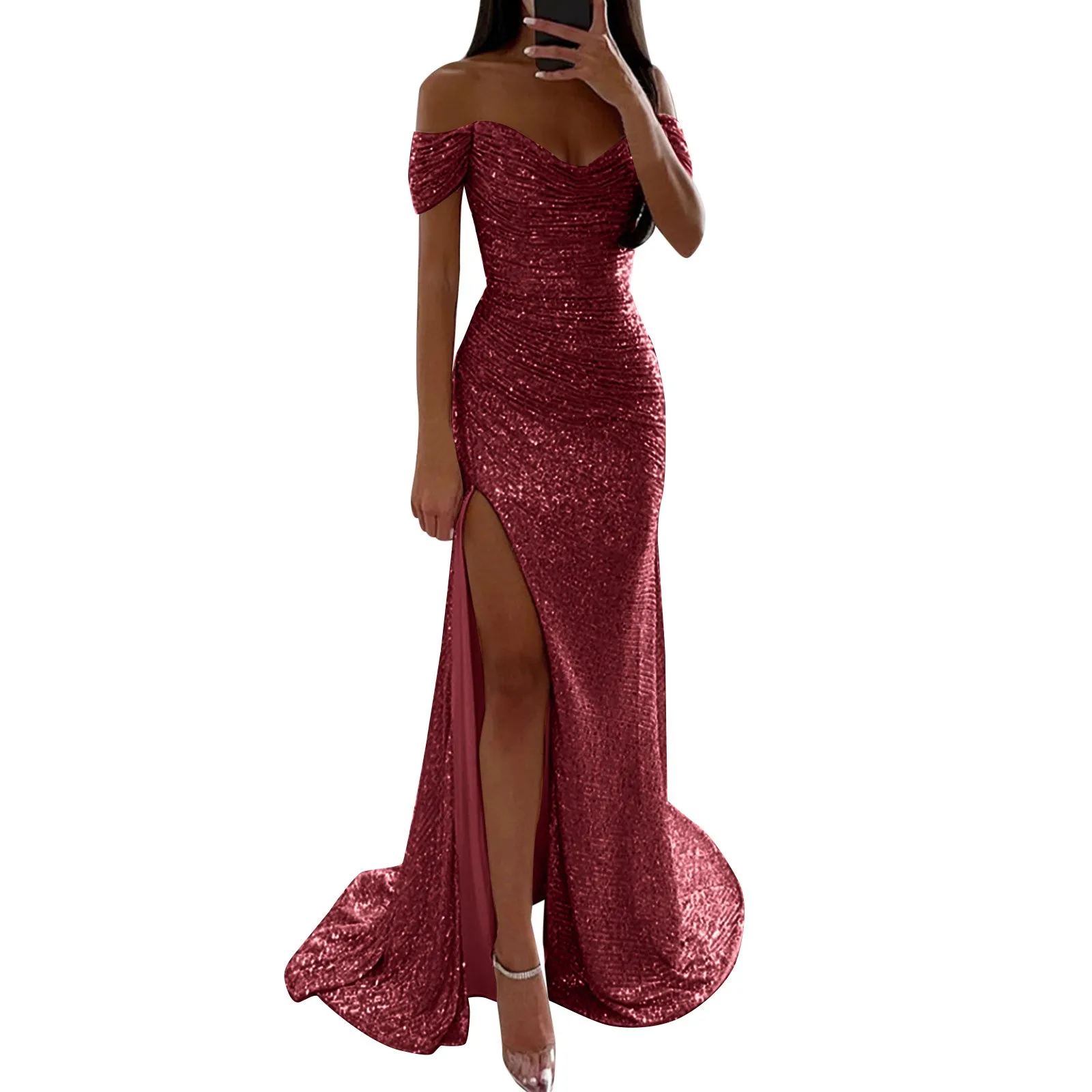 

Women'S Prom Dress Party Sequin Maxi Dress Short Sleeve Pure Color Sequins Spring Fall Winter Off Shoulder Vestidos 2024