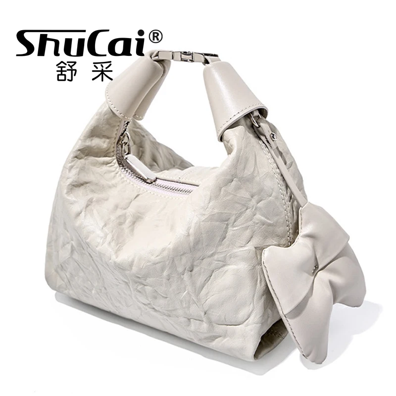 

Genuine Leather Pleated New Chinese Niche Head Layer Cowhide Dumpling Bag Hand Carry Shoulder Crossbody Bag For Women