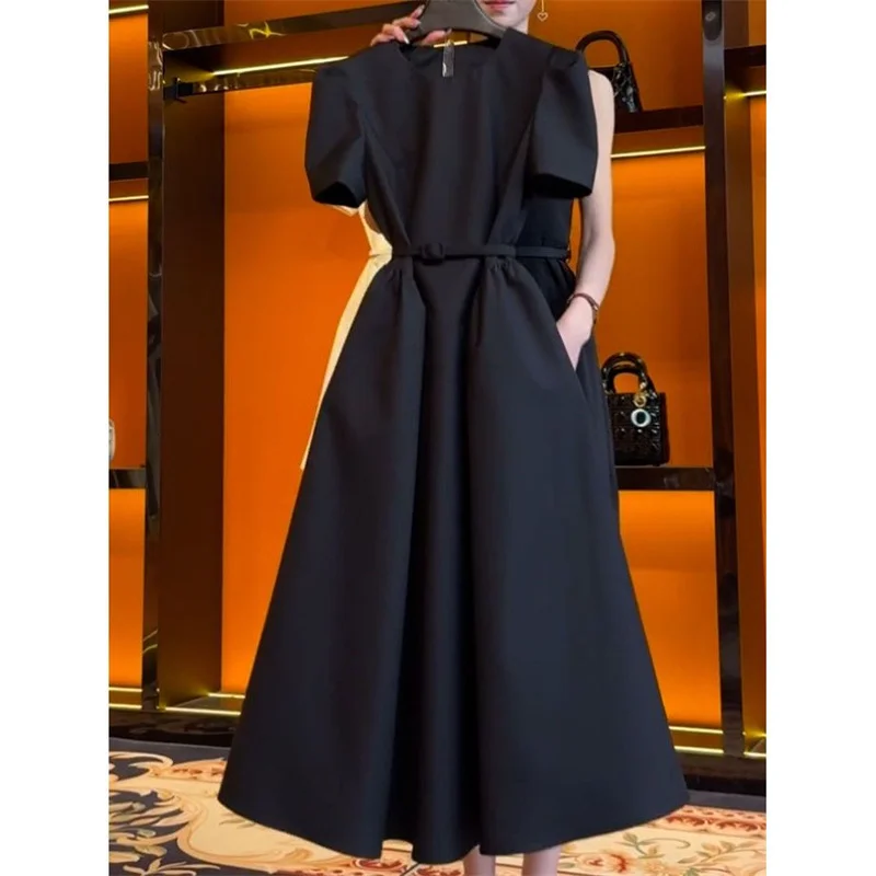 

French Black Women's Formal Dress With Belt Solid Color Office Lady Puff Sleeve High Waist A-Line Long Party Vestidos Robe 032P