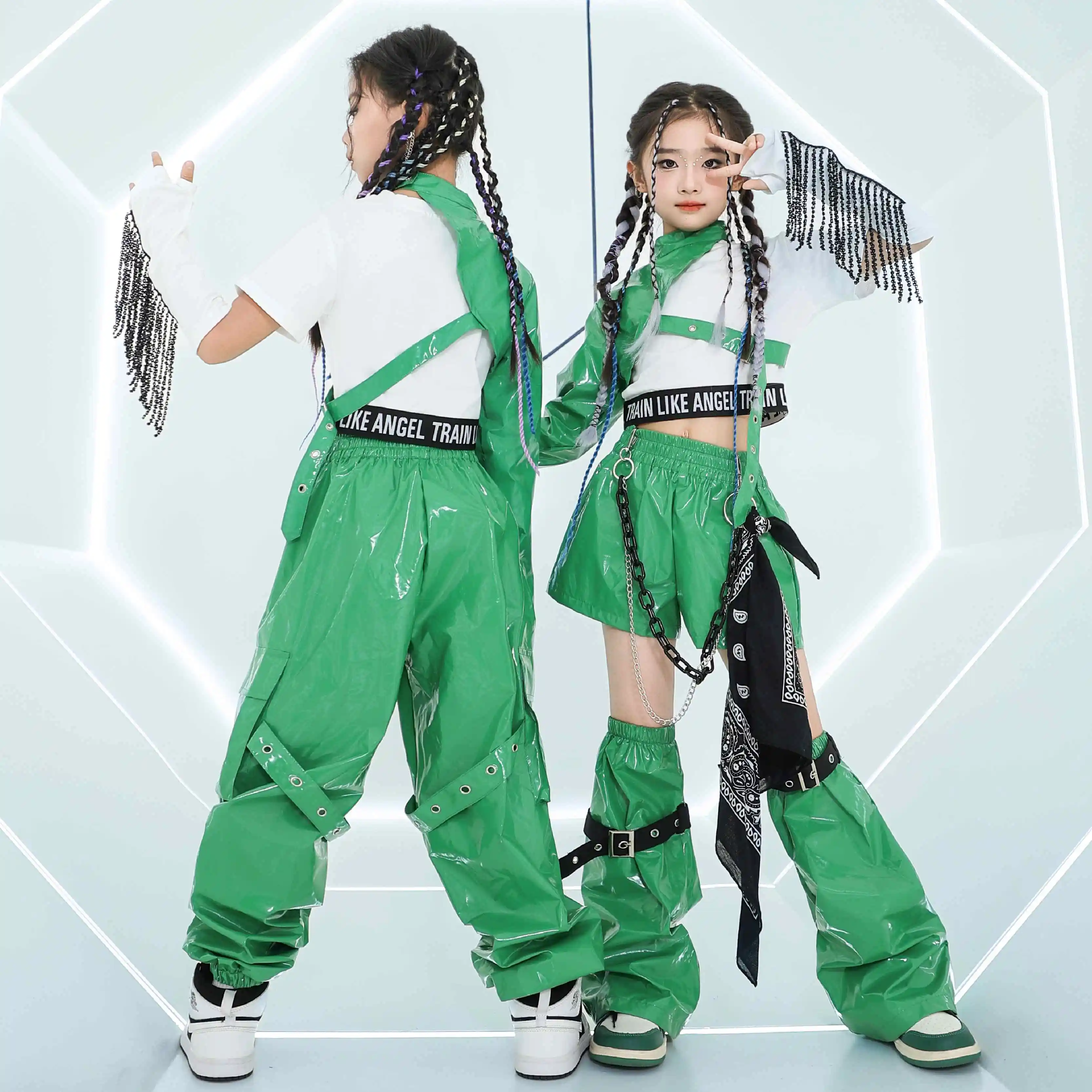 Jazz Dance Costume Girls Hip Hop Outfits Green Sleevs Pants Kids Street Dance Performance Clothes Group Stage Clothing BL14042