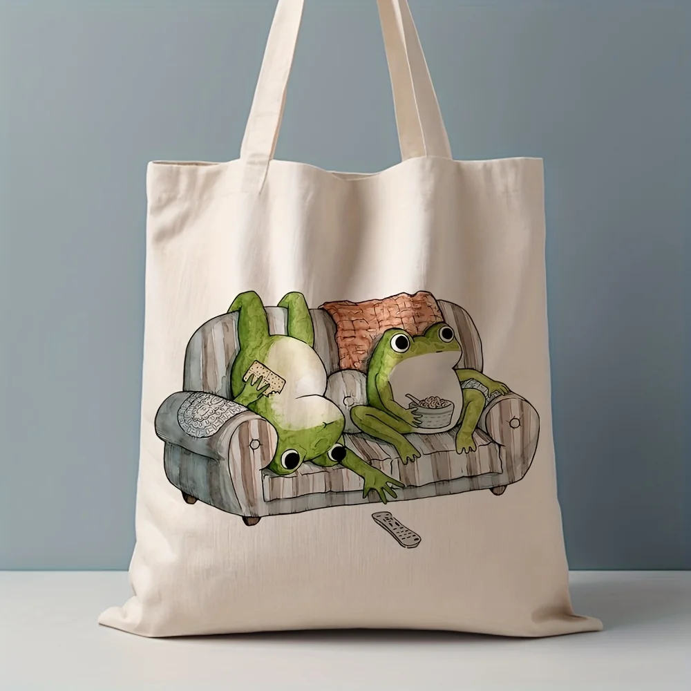 Frog Illustration Canvas Tote Bag Reusable Grocery Bag with Cartoon Frogs Lounging on Couch Design Canva Leak Proof Shoulder Bag