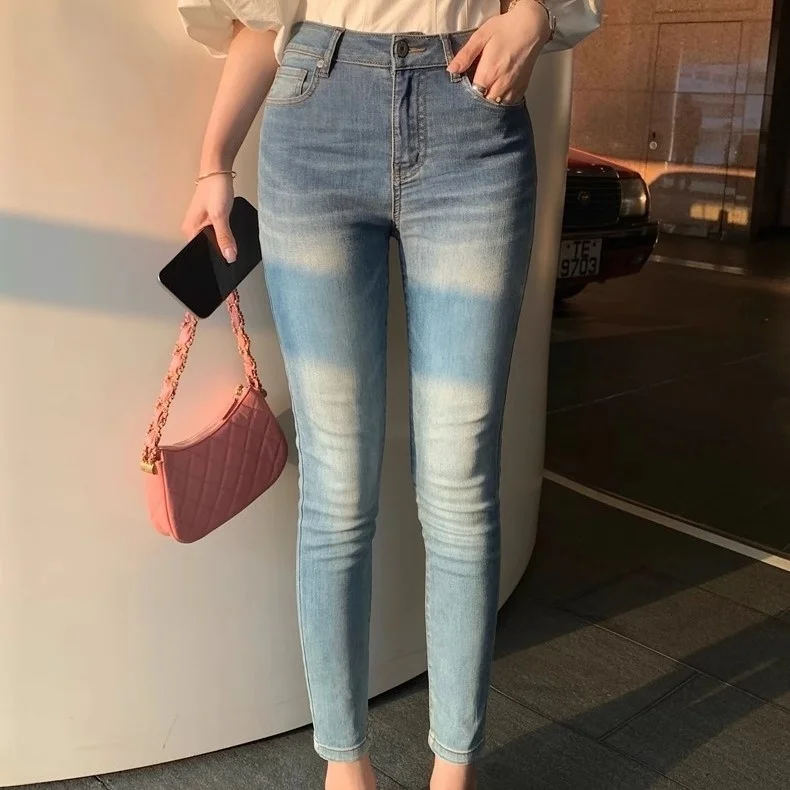 Taille haute extensible Vintage Waed Denim bleu coupe ajustée neuf points pantalon femme Faion coton Stretch Denim décontracté toutes saisons