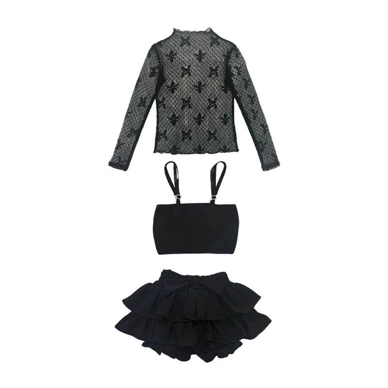 Costume da ballo jazz per ragazze Top in rete di pizzo nero Gonna Catwalk Concerto Bambini Stile Kpop Abbigliamento da strada Abiti da spettacolo