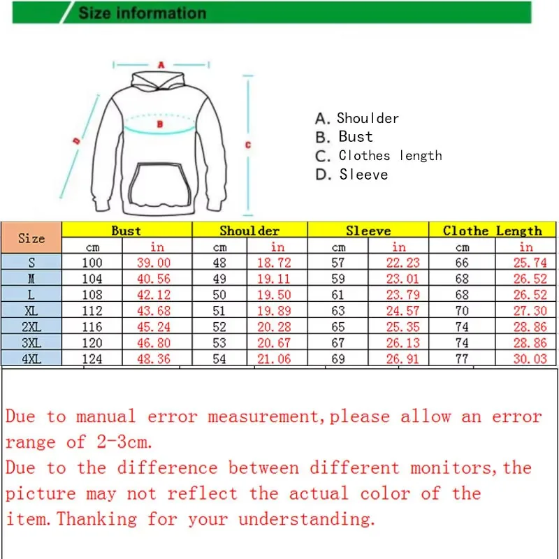 Fashionable men's and women's printed hooded sweatshirts, couple's pullovers hooded sweatshirts, size reference size chart