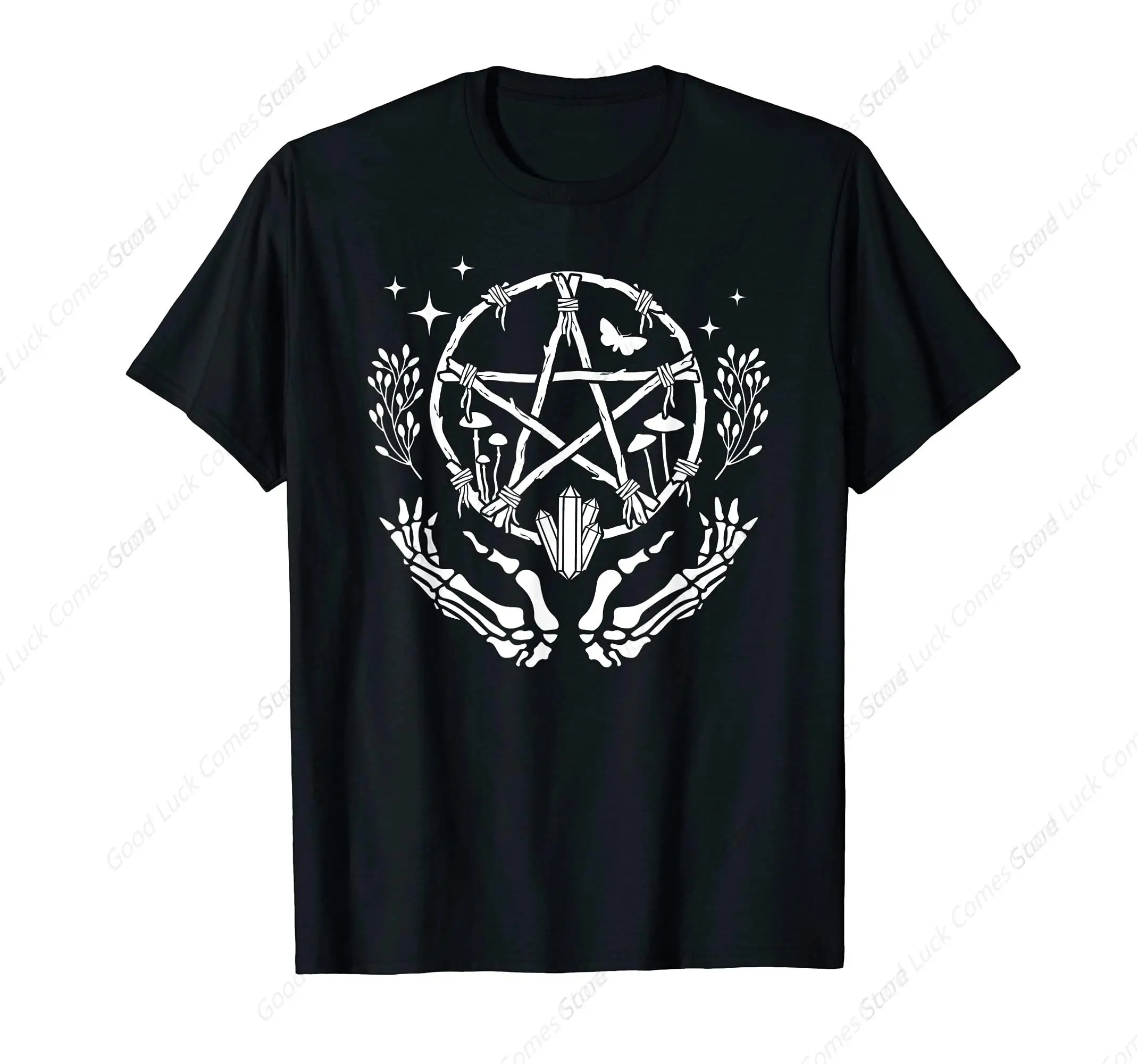 Wiccan Pentacle Wreath With Skeleton Hands And Crystals T-Shirt New 100% Cotton Short Sleeve O-Neck Casual T-shirt