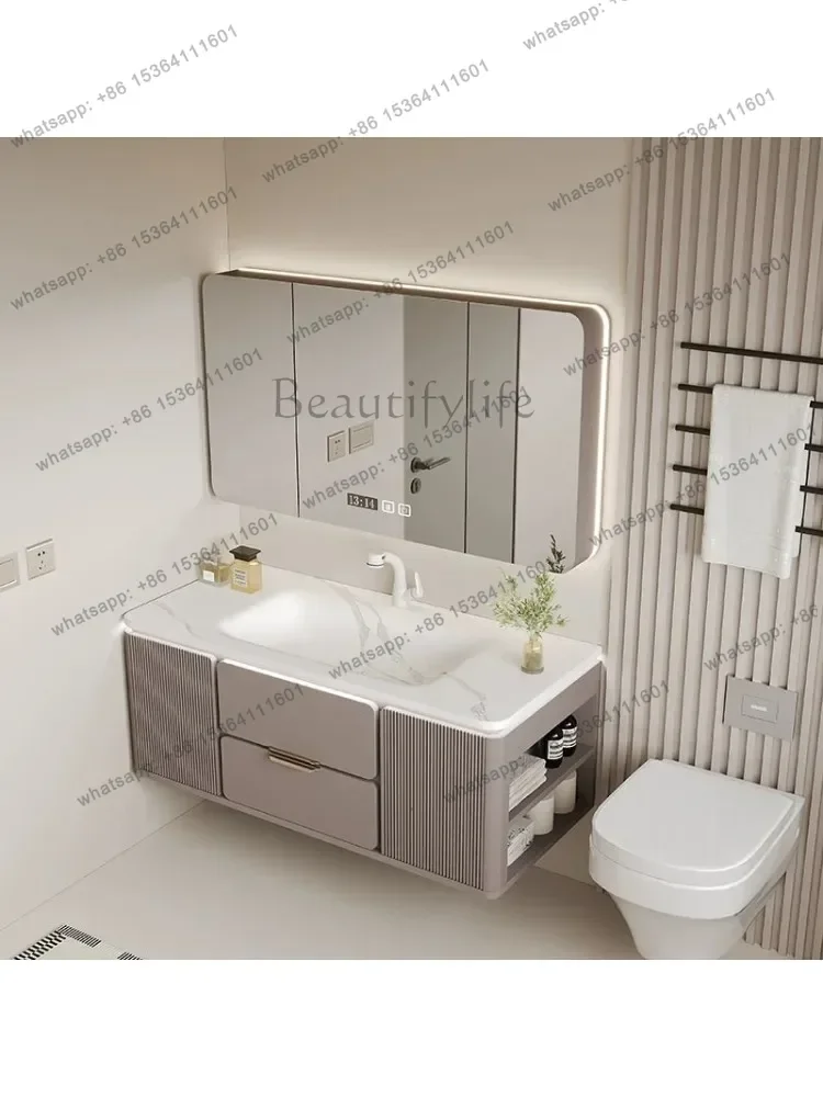 Rock slab hot bending integrated basin bathroom cabinet combination oak paint cream wind ceramic basin toilet