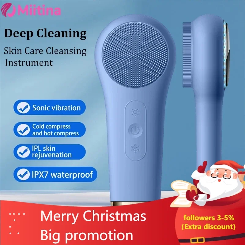 Facial cleanser with red blue light cold and hot compress, vibrating and efficient pore cleaning silicone gel facial cleanser