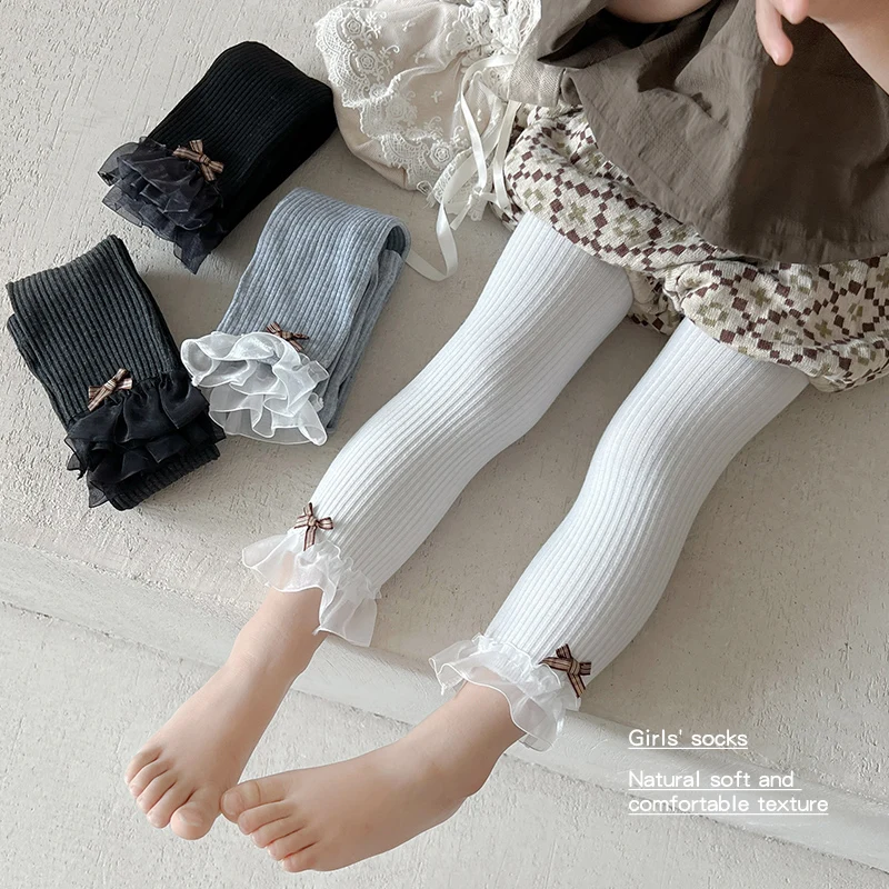 Adorable Girls Vertical Stripe Snap Crotch Cropped Pants Delicate Leg Lace Edging Bow Leggings Soft Comfortable Elastic Tights