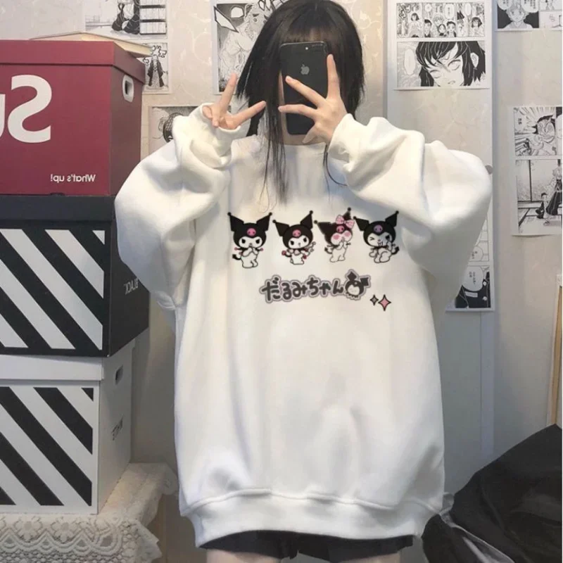 Sanrio Student Hoodies Girl Long Sleeve Spring Autumn Sweatshirt Loose Versatile Kuromi Print White Pullover Aesthetic Clothes