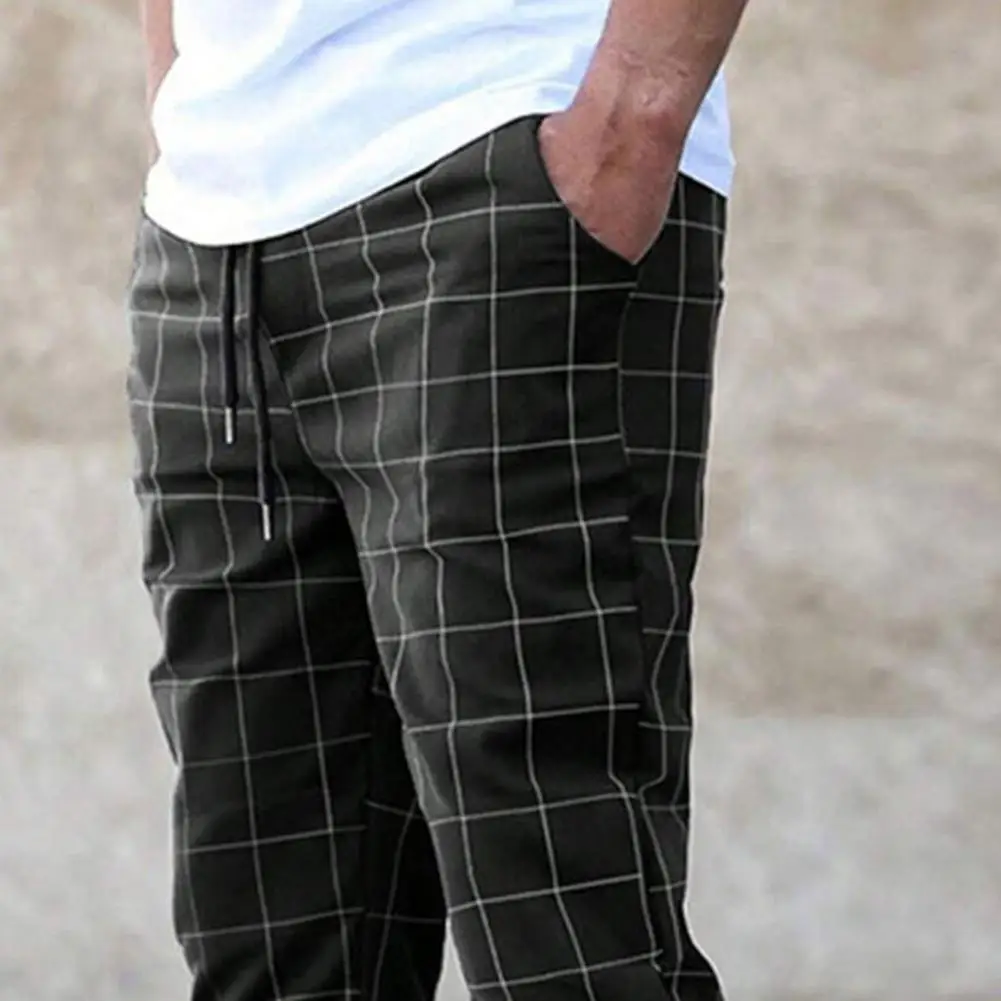 Men's Pants Plaid Print Pencil Pants with Elastic Waist Drawstring Slant Streetwear