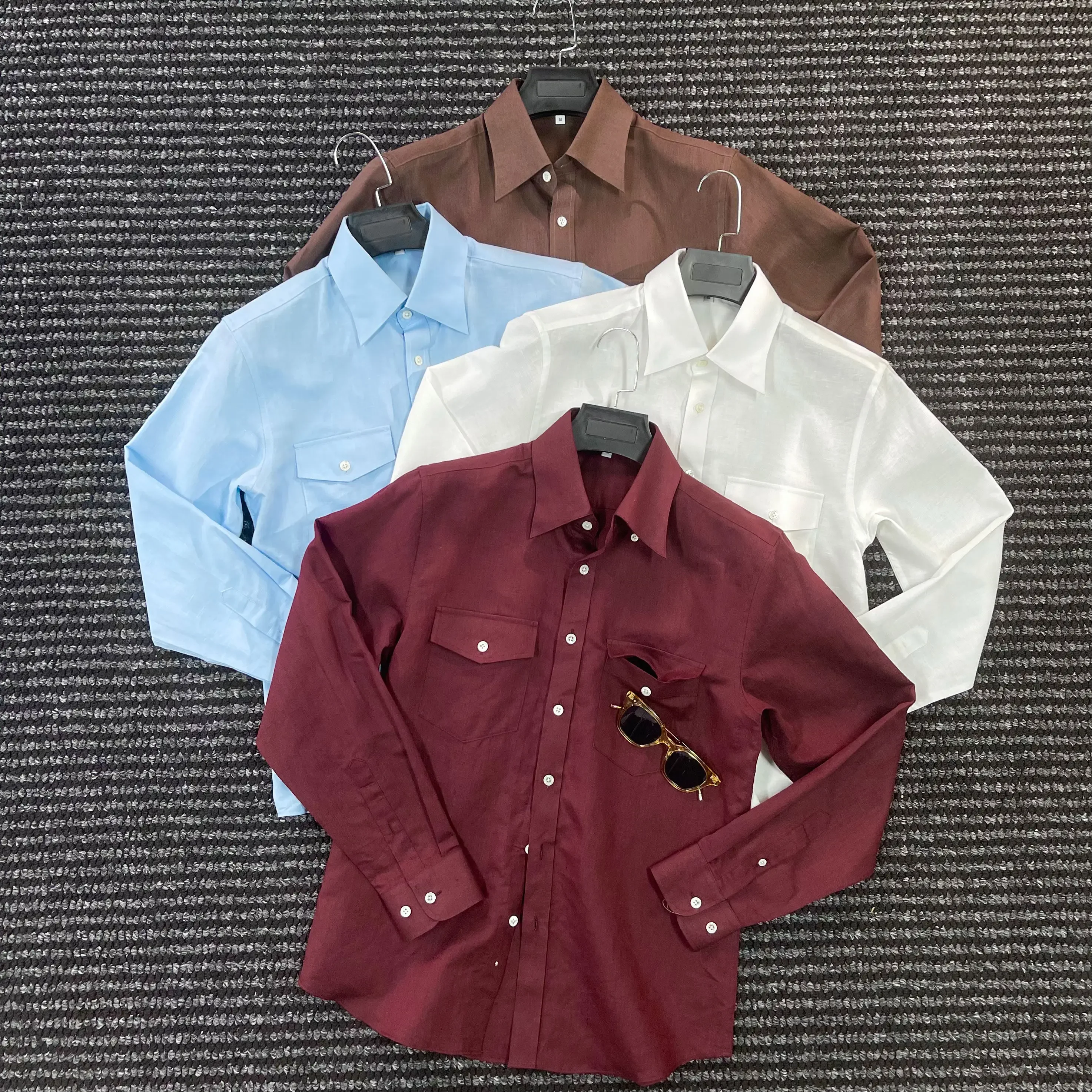 Double Pocket Button Neck Long Sleeve Shirt Men's Gentleman's Old Money Shirt