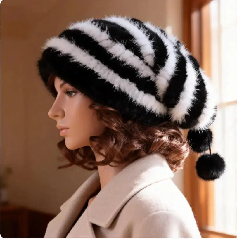 

Женская вязаная шапка из натурального меха норки с меховым помпоном, теплая свободная вязаная шапка для женщин на осень-зиму