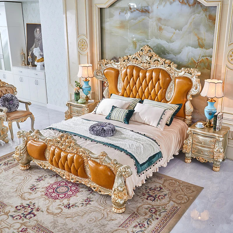 

Gold Princess Bed Luxury Leather Comferter European Style Bed American Floor Camas Moderrnas Inteligentes Home Furniture