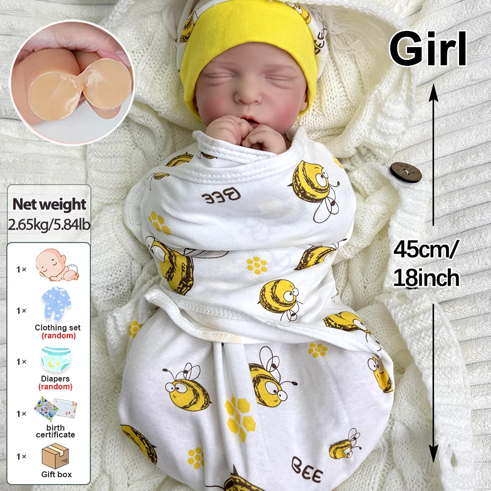 Muñeca bebé renacida de silicona realista de 18 pulgadas, niña, ojos cerrados, cuerpo de silicona suave, bebé recién nacido durmiendo, bebé renacida de silicona, niño pequeño