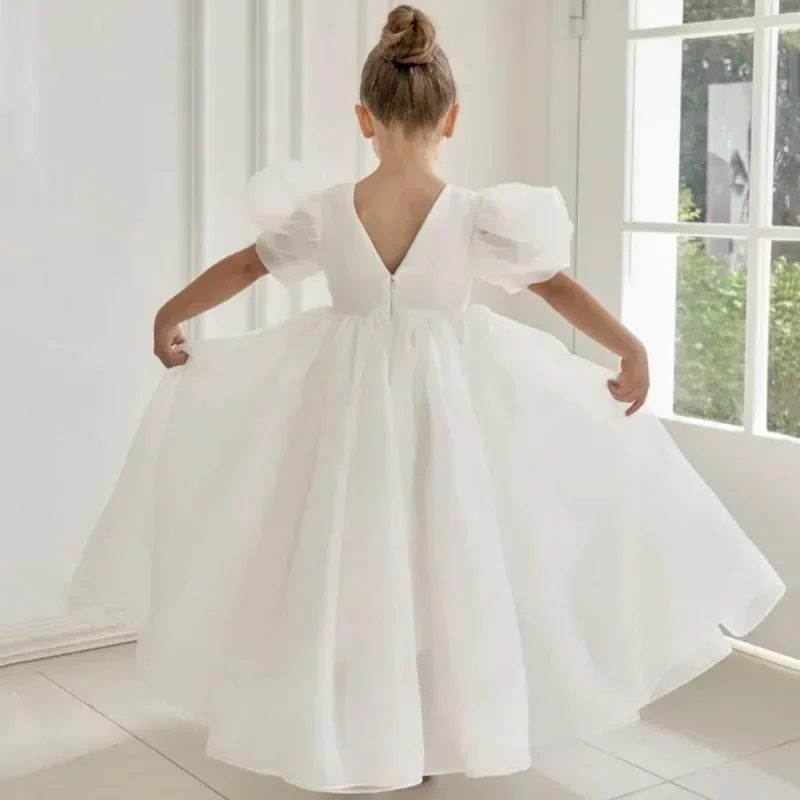 Vestido de princesa personalizado, vestidos de flores para niña, satén blanco, sólido corto, manga para boda, fiesta de cumpleaños, banquete, vestidos de princesa