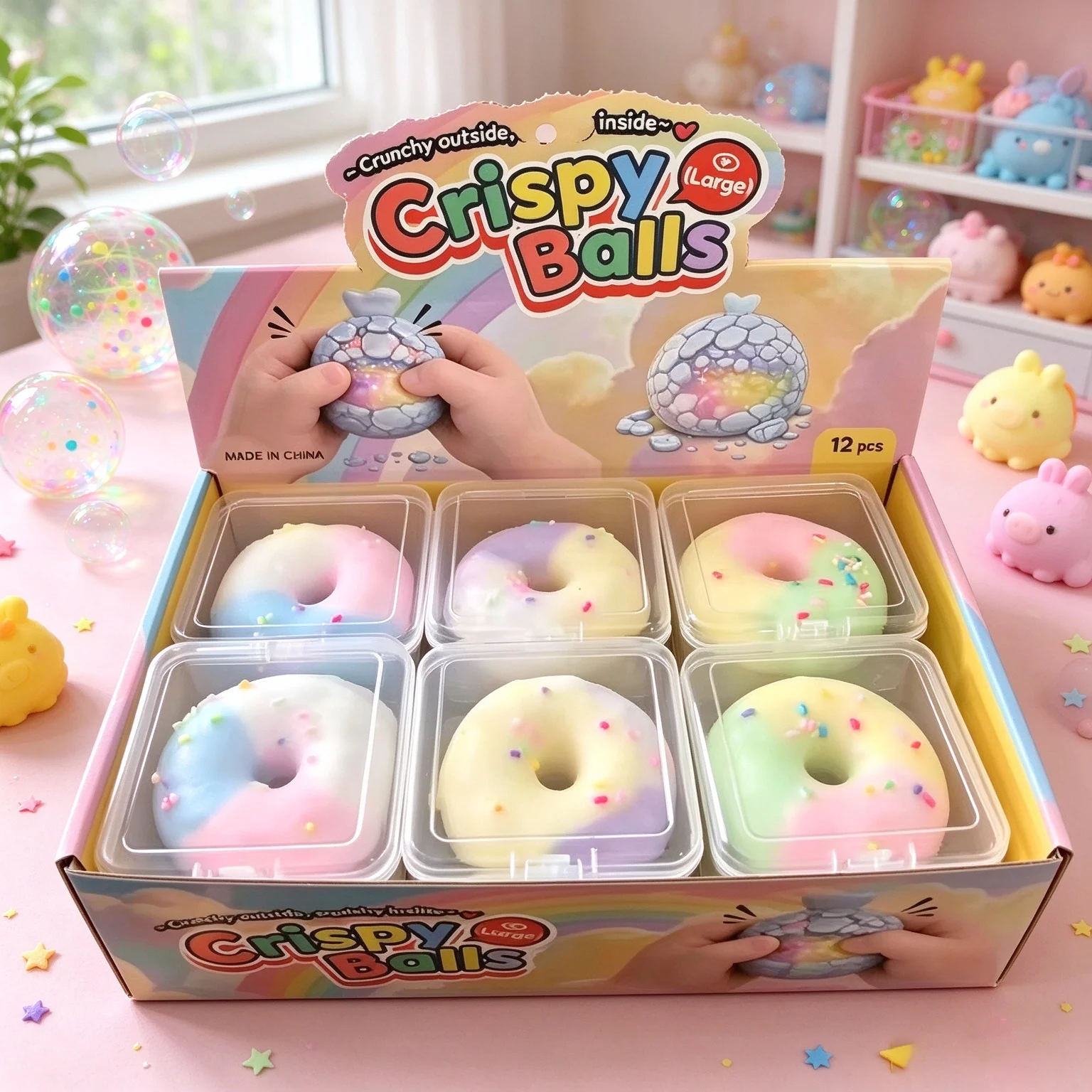 Cute Doughnut Crispy Wax Ball Squishy Toy Crunch Sound Squeeze Reshaped Handmade Stress Relief Fidget Toys Wit Storage Box Gift